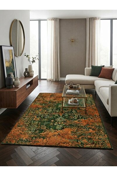 Yeşil Eskitme Vintage Desenli Dijital Baskı Salon ve Oturma Odası Halısı