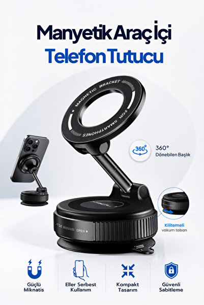 Araç İçi Telefon Tutucu 360° Dönebilir Cam ve Torpido Uyumlu Kilitli Telefon Tutacağı