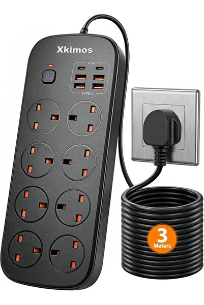 Xkimos 14 in 1 Power Strip, 10FT Extension Cord, 3500W High Power UK 3 Pin Pl...