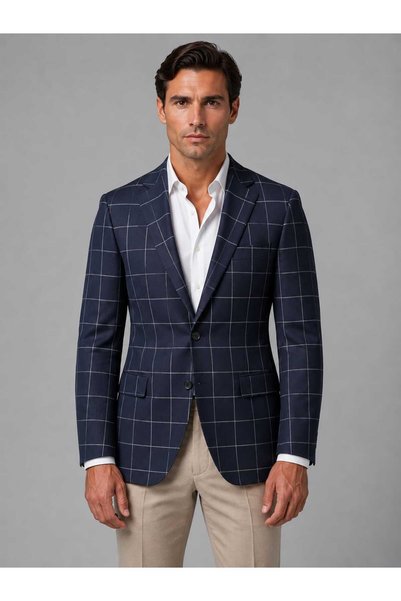 Cambridge Regular 160's Kumaş %100 Yün Lacivert Kareli Tek Ceket Beden:48-50