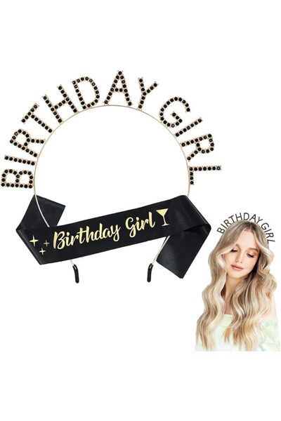 KASTWAVE Birthday Girl Sash & Crystal Tiara Crown Headband Set, Black & Gold ...