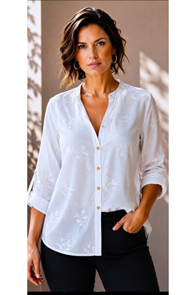 PARKDERİN Plus Size Cotton Linen Fabric, Embroidered Shirt