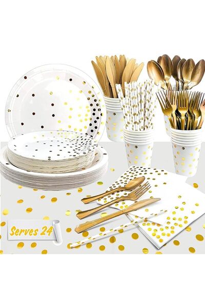 Generic White and Gold Party Supplies for 24 Guests, 193 Pcs Dot Birthday Pap...