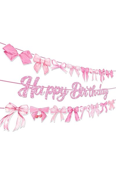 SYOSI Pink Bow Birthday Banner Set, 3Pcs Hanging Garland Party Decor, Happy B...