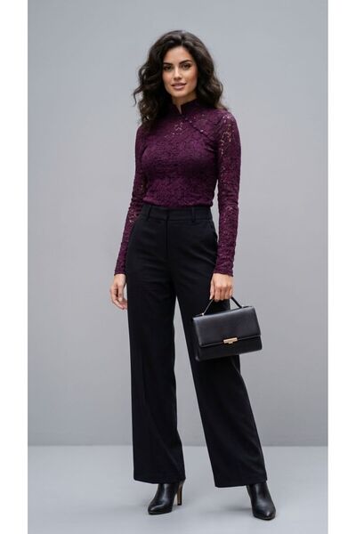 BLOUSE Mürdüm Çapraz Düğme Detaylı Dik Yaka Gipür Bluz