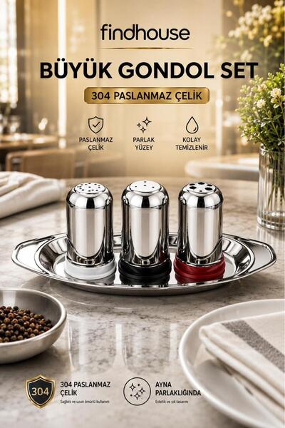 Bulika 304 Paslanmaz Çelik Büyük Tuzluk , Pulbiberlik ve Karabiberlik Gondol ...