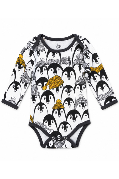 Ecocotton Pingu Bebek Zıbın Uzun Kollu %100 Organik Pamuk Penye Baskılı Beyaz...