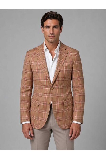 Cambridge Regular 160's Kumaş %100 Yün Cambrigde Orange Renk Kareli Tek Ceket...