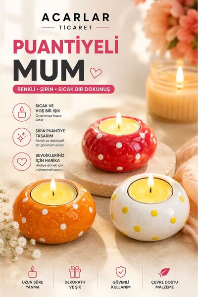 Acarlar Ticaret Dekoratif Puantiyeli Mum Seti 3lü