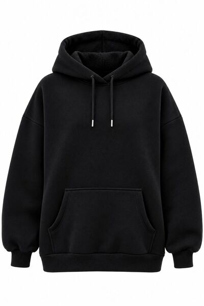 soBasic Unisex Okula Uygun Oversize Siyah Kapüşonlu Sweatshirt 3 İplik Şardonlu Kanguru Cepli Günlük Spor Üst Giyim