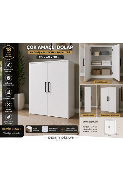 DEMİR DİZAYN Çok Amaçlı Dolap 90x60x30 2 Kapaklı Banyo Kiler Balkon Dolabı