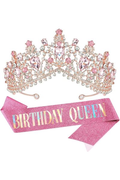 EXCEFORE Birthday Crown and Sash Set for Women, Rose Gold Princess Birthday P...