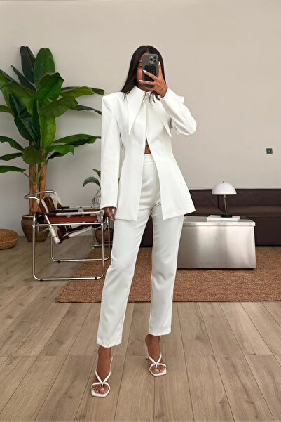 FMN Butik uzun dik fular yaka klips kapama tasarım muadil tok kumaş blazer ce...