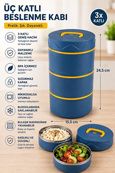 HAZARPAZAR 3 Katlı Beslenme Kabı Taşınabilir Lunch Box BPA İçermez Sızdırmaz ...