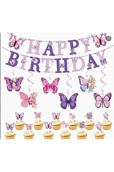 GENERAL Purple Butterfly Party Banner Swirls Cupcake Toppers Dreamy Decor Set