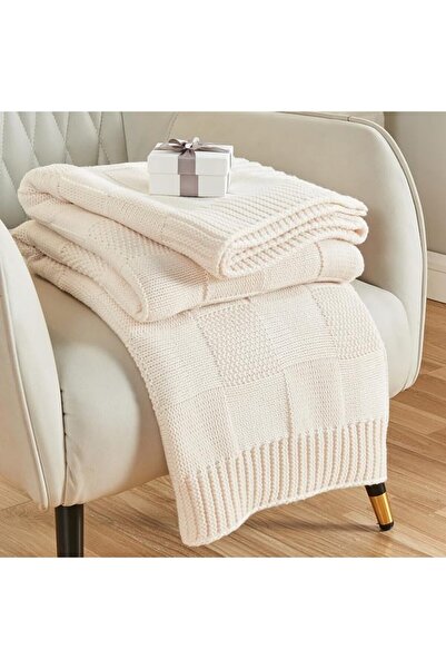 KASTWAVE Cream White Check Knit Throw Blanket (130CM X 160CM) – Soft Premium ...
