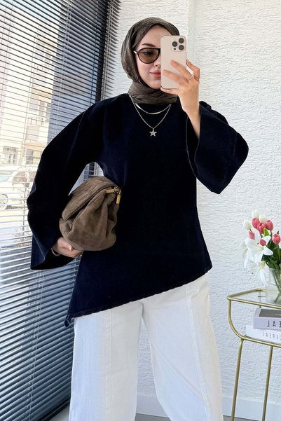 MELEK ARAZ Premium Asymmetric Cut Side Slit Denim Blouse - Dark Blue