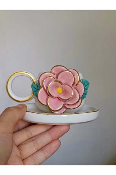 KOTYORA Pink Rose Gift Ceramic Handmade Turkish Coffee Cup