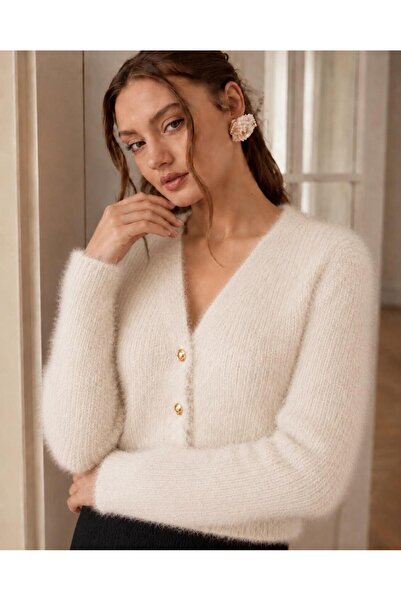 DAĞON'S Gold Buttoned Women's Beard Soft Textured Basic Cardigan
