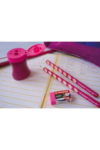 Stabilo Creion grafit EASYgraph, 3.15 mm, HB, ergonomic, pentru stangaci, ascutioare, radiera, pink, blister