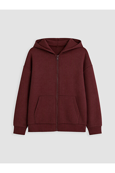 LC Waikiki Bordo Kapüşonlu Kız Çocuk Soft Touch Fermuarlı Sweatshirt