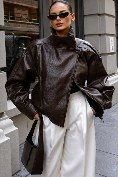 Marbella High Collar Asymmetrical Model Lined Textured Leather Jacket