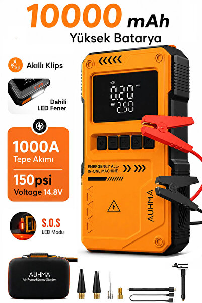 auhma Akıllı Akü Takviye Cihazı Hava Kompresörü 150PSI Jump Starter 10000mAh ...