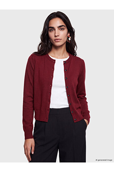 LC Waikiki Lcw Vision Burgundy Knitwear Plain Short Women's Cardigan with Nev...