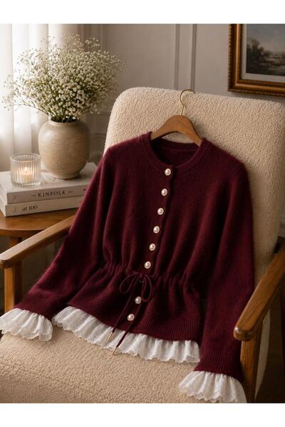DAĞON'S Women's Basic Beard Soft Textured Cardigan with Lace Trim