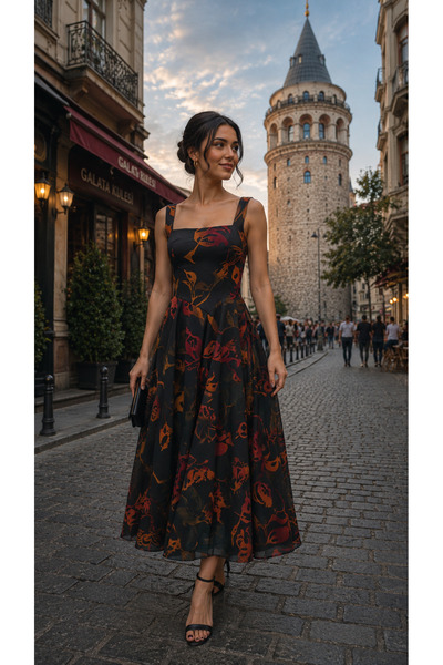 Genel Markalar galata serisi Siyah Kare Yaka flok baskılı tasarım Askılı Yapr...