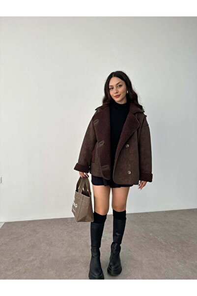 Büşra Doğramacı ZR Model Yakalı Teddy Kürklü Acı Kahve Mont