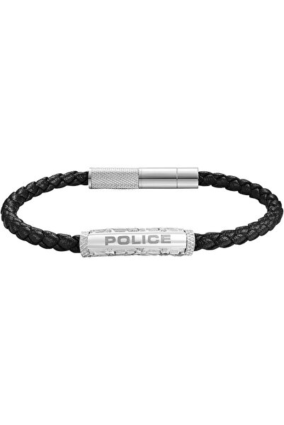 Police Warren Black Leather With Stainless Steel Wing Logo Gents Bracelet - P...