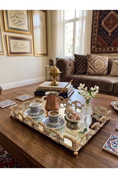 mysecrethome Gold Dekoratif Aynalı Tepsi 37 cm - Lüks sunum tepsisi