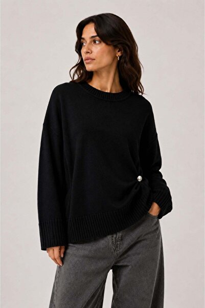 Vadon 1045 Women's Crew Neck Sweater with Side Buckle Detail, Black