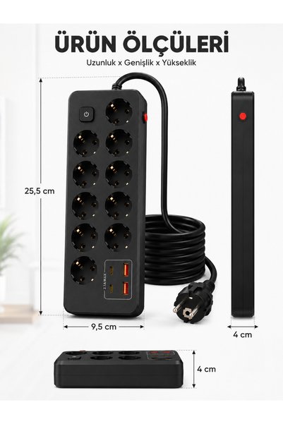 Aırstorr PRO-EU04 10’li Akım Korumalı Çoklu Priz – 2 USB-C + 2 USB-A | 2500W 10A | 2 Metre Kablolu