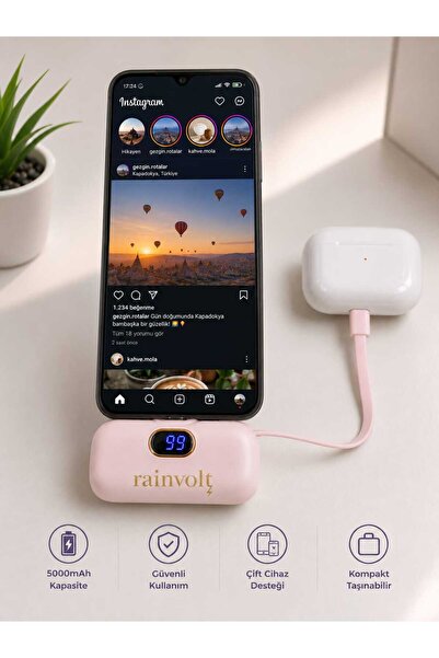 Nettec Rainvolt Mini Kapsül Powerbank – LED Dijital Göstergeli & Dahili Kablolu Taşınabilir Şarj Cihazı