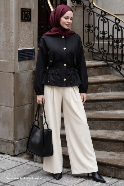 InStyle Drawstring Pocket Detail Black Short Trench Coat