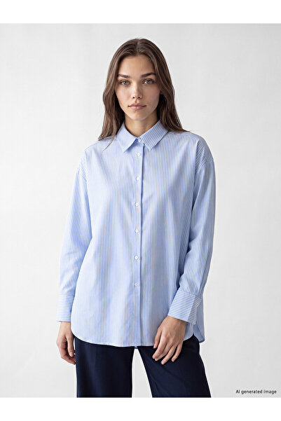 LC Waikiki Lcw Modest Blue Striped Oxford Women's Shirt with Nevavm Difference