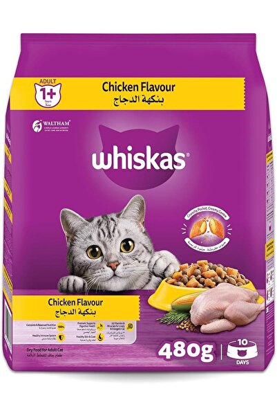 Whiskas طعام جاف للقطط مع الدجاج، عبوة 480 جرام للقطط البالغة فوق سن السنة، ط...