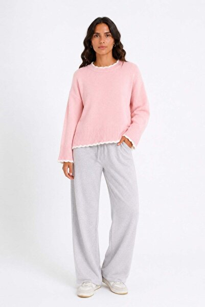 Vadon 1044 Women's Crew Neck Wave Detailed Side Slit Knitwear Sweater Pink