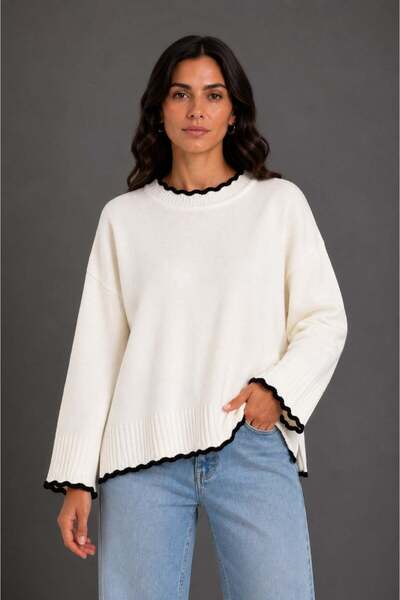 Vadon 1044 Women's Crew Neck Wave Detailed Side Slit Knitwear Sweater White