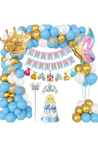 GENERAL بالونات عيد ميلاد زرقاء وبيضاء، زينة حفلة عيد ميلاد الأميرة، لافتة عي...