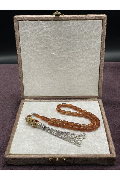 Onurlu Tesbihane Gold Renkli ve Taşlı Alpaka Aksamlı Simli Ateş Kehribar Tesbih (Tarçın, 7x11 mm)