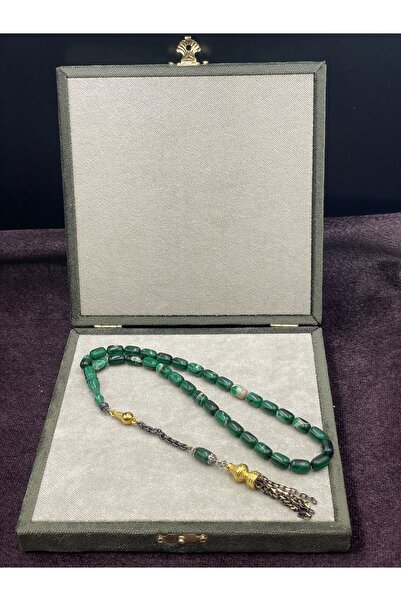 Onurlu Tesbihane Gold Renkli Alpaka Aksamlı Sıkma Kehribar Tesbih (Yeşil Tonları, 7x11 mm)