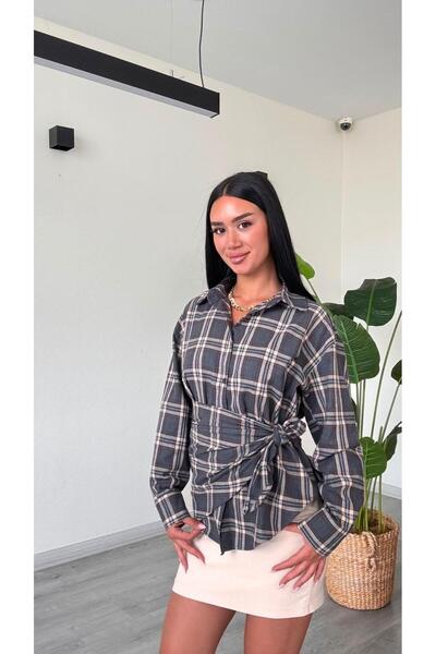 modadagiyim Women's Shawl Tie Detailed Buttoned Checkered Very Stylish Shirt
