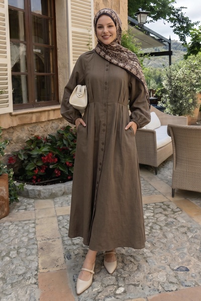 InStyle Buttoned Ribbed Belted Linen Light Brown Dress