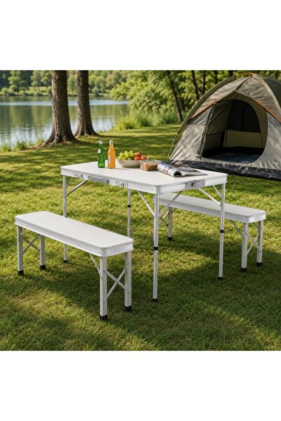 Solplant Set mobilier gradina/camping, pliabil, 1 masa, 2 banci, MDF si alumi...
