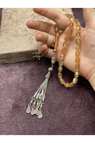 Onurlu Tesbihane Alpaka Telkari Uçlu Simli Ateş Kehribar Tesbih (Krem, 7x11 mm)