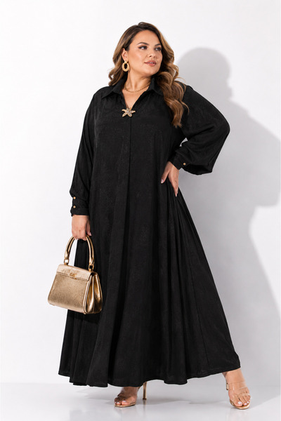 DARKWIN Plus Size Long Shirt Collar Brooch Detailed Elegant Black Women's Dress