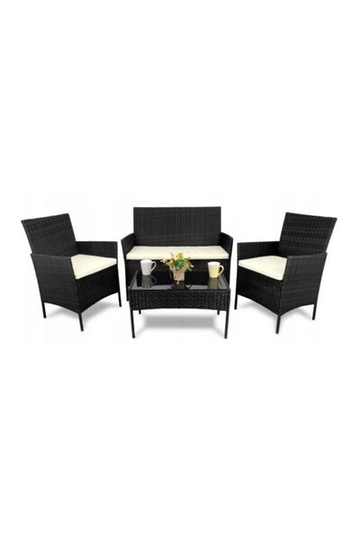 Solplant Set mobilier gradina/terasa, poliratan, negru cu perne crem, 1 masa,...